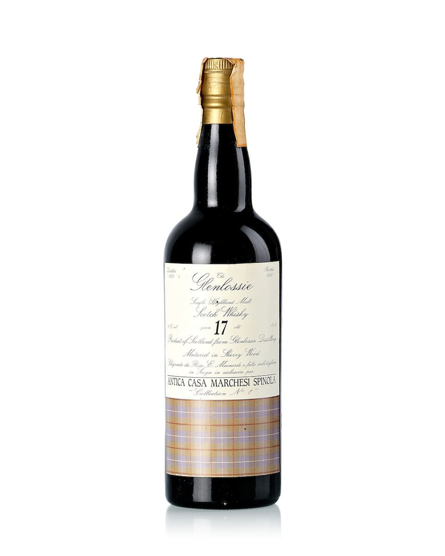 Glenlossie 17 Year Old Spinola Collection No. 1, 1973 (1x 750ml): Glenlossie 17 Year Old Spinola Collection No. 1, 1973 (1x 750ml) Region: Speyside Fill Level: very top shoulder Label: bin-soiled and slightly stained label Alcohol content: 40% ABV Notes: Collection