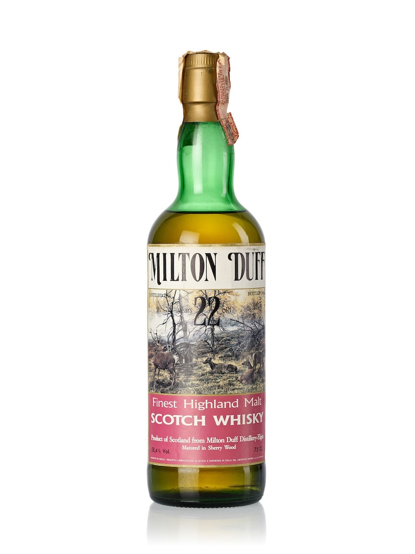 Miltonduff 22 Year Old, 1966 (1x 750ml): Miltonduff 22 Year Old, 1966 (1x 750ml) Region: Speyside Fill Level: upper shoulder Label: scuffed label Alcohol content: 58.4% ABV Notes: bottled 1988. Imported by Sestante s.r.l., Italy. Matured in