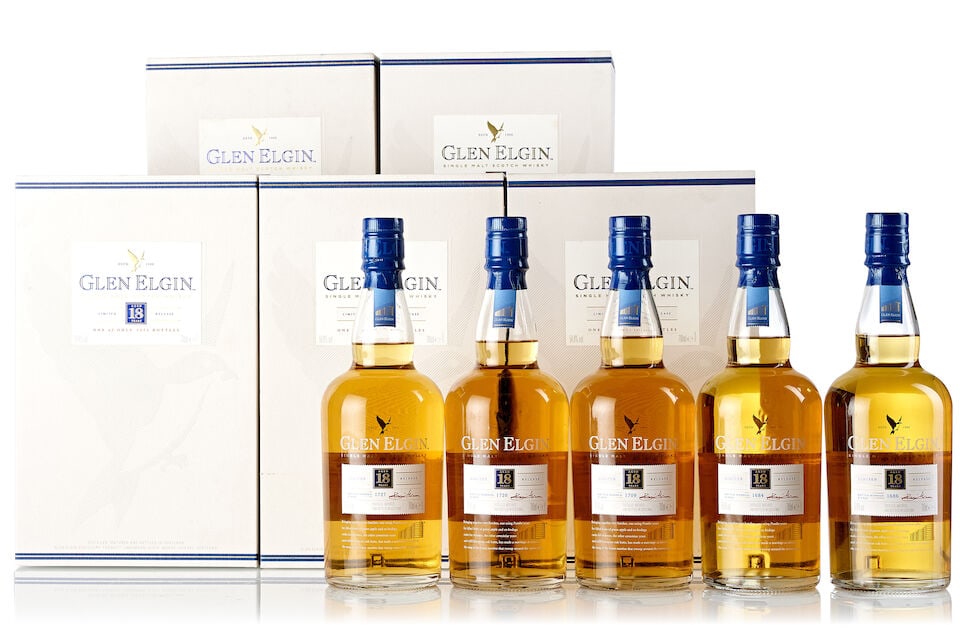 Glen Elgin 18 Year Old (5x 750ml): Glen Elgin 18 Year Old (5x 750ml) Region: Speyside Fill Level: 5x into neck Label: 5x good labels Packaging: 5x stained original cartons Alcohol content: 54.8% ABV Notes: distilled and bottled at Glen