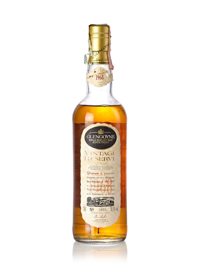 Glengoyne Vintage Reserve, 1968 (1x 700ml): Glengoyne Vintage Reserve, 1968 (1x 700ml) Region: Highland Fill Level: upper shoulder Capsule: stained capsule Label: stained and deteriorated vintage label on the neck, bin-soiled label Alcohol cont