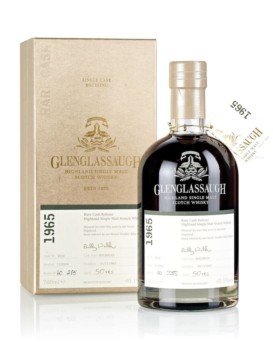 Glenglassaugh 50 Year Old Cask #3510, 1965 (1x 700ml): Glenglassaugh 50 Year Old Cask #3510, 1965 (1x 700ml) Region: Highland Fill Level: very top shoulder Label: good label Packaging: in original carton Alcohol content: 40.1% ABV Notes: Rare Cask Release