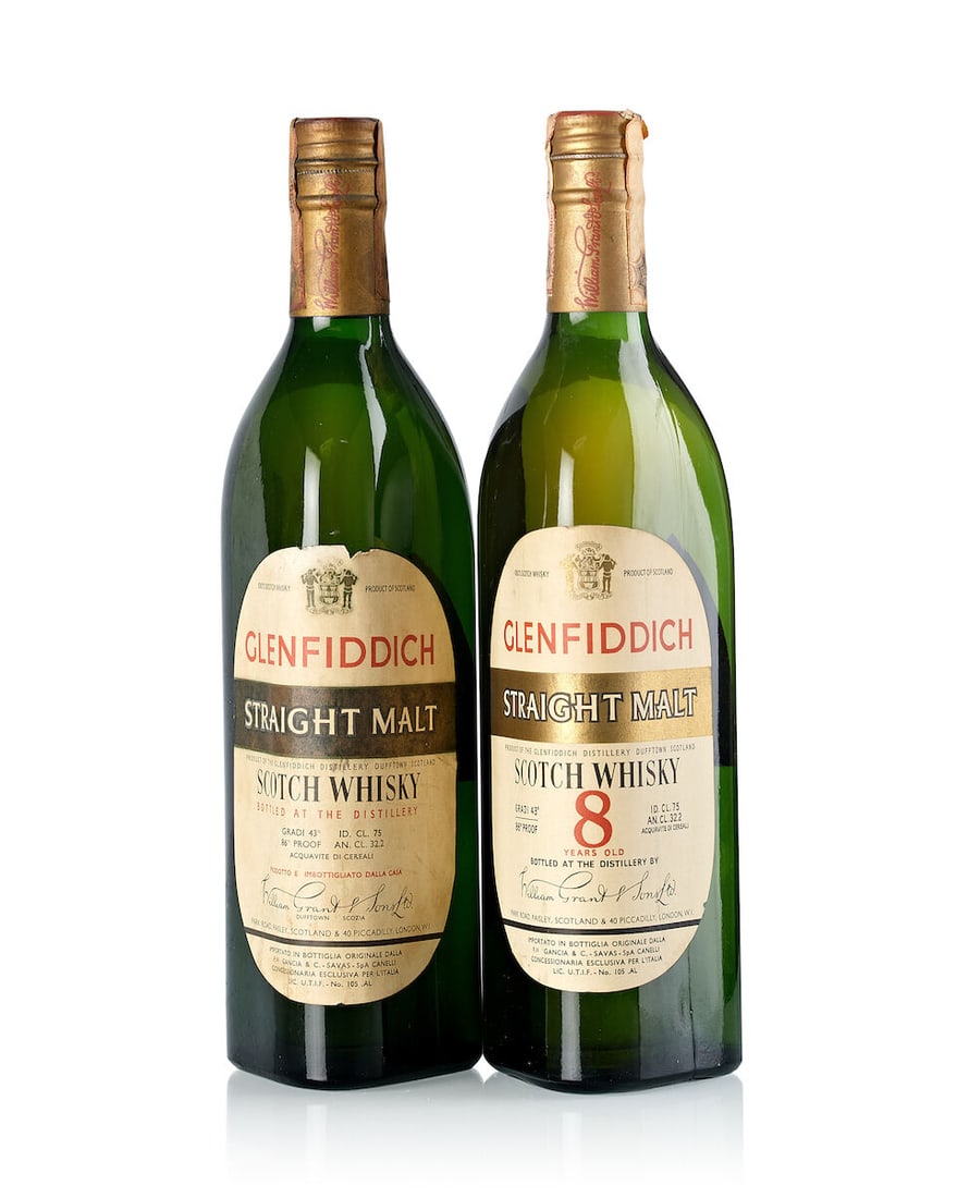 Glenfiddich 8 Year Old (1x 750ml) Glenfiddich (1x 750ml): Glenfiddich 8 Year Old (1x 750ml) Region: Speyside Capsule: heavily stained capsule Label: slighty bin-soiled and slightly scuffed label Alcohol content: 43% ABV Notes: distilled and bottled by Willia