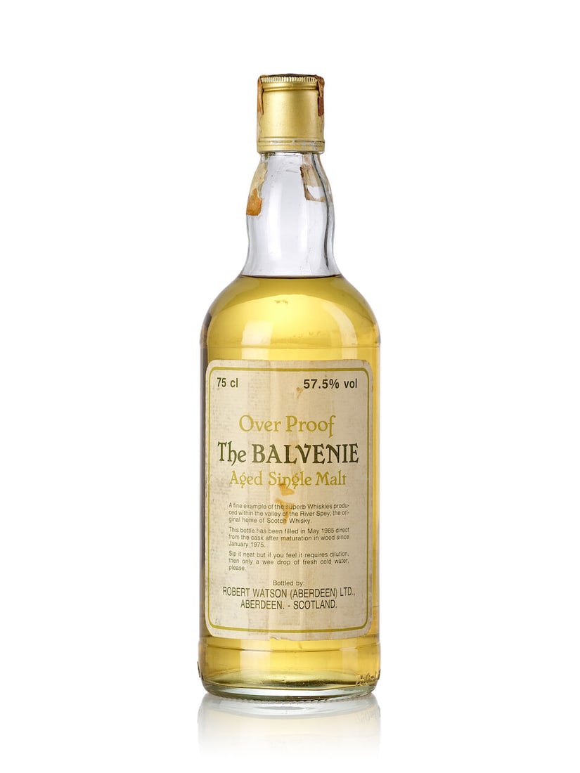 Balvenie Over Proof, 1975 (1x 750ml): Balvenie Over Proof, 1975 (1x 750ml) Region: Speyside Fill Level: top shoulder Label: bin-soiled, wrinkled and stained label Alcohol content: 57.5% ABV Notes: distilled January 1975, bottled May 1985