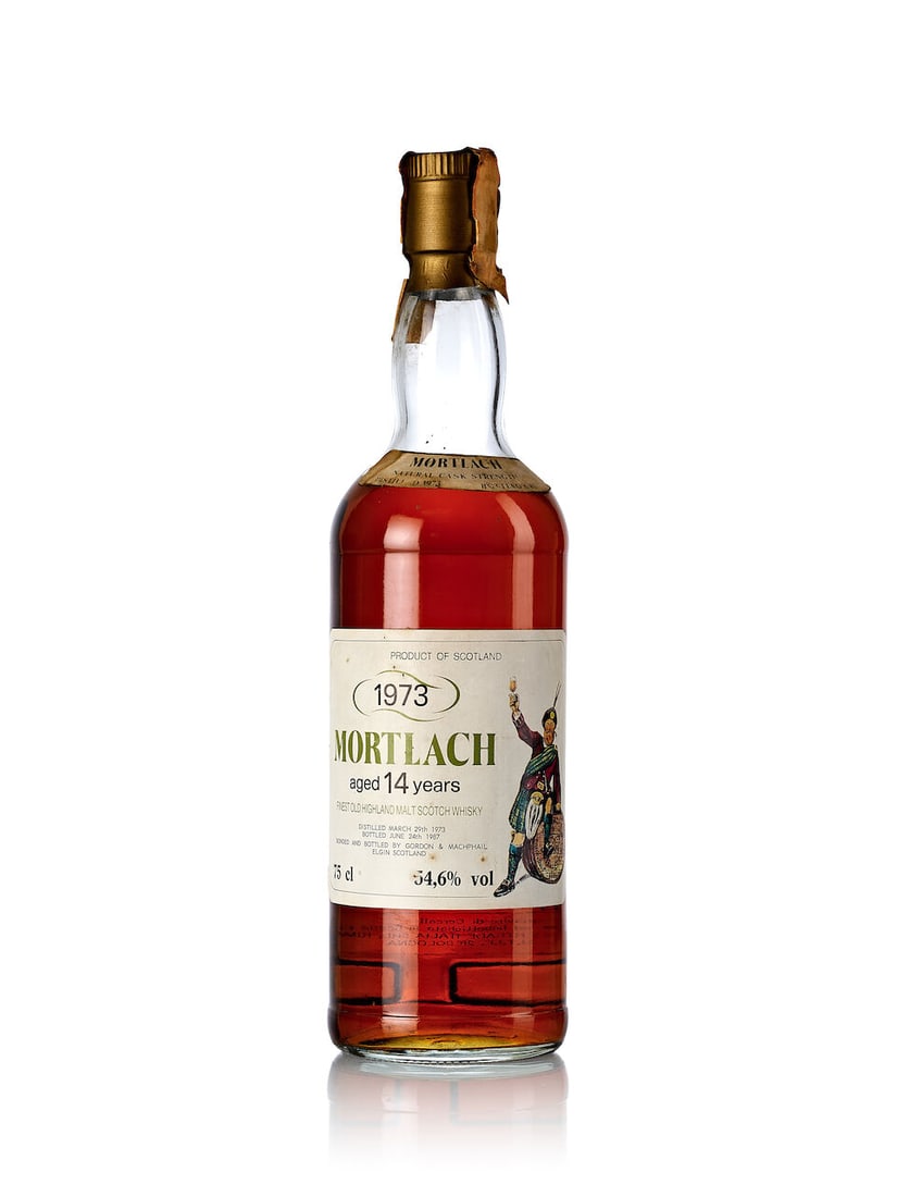 Mortlach 14 Year Old, 1973 (1x 750ml): Mortlach 14 Year Old, 1973 (1x 750ml) Region: Speyside Fill Level: top shoulder Label: stained label Alcohol content: 54.6% ABV Notes: distilled 29 March 1973, bottled 24 June 1987. Bonded and bottled