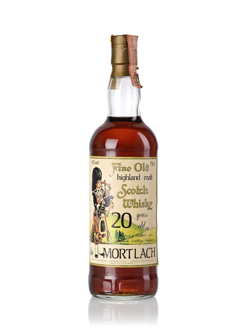Mortlach 20 Year Old (1x 750ml): Mortlach 20 Year Old (1x 750ml) Region: Speyside Fill Level: base neck Capsule: slightly corroded capsule Label: slightly detached label Alcohol content: 43% ABV Notes: distilled at Mortlach Distiller