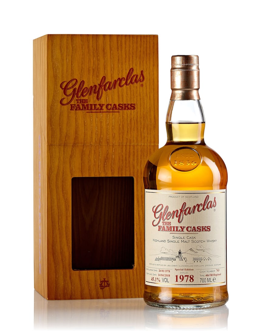 Glenfarclas Family Cask #763, 1978 (1x 700ml): Glenfarclas Family Cask #763, 1978 (1x 700ml) Region: Speyside Fill Level: into neck Label: good label Packaging: in original case Alcohol content: 45.1% ABV Notes: distilled 26/10/1978, bottled