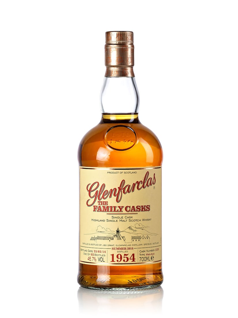 Glenfarclas Family Cask #1259, 1954 (1x 700ml): Glenfarclas Family Cask #1259, 1954 (1x 700ml) Region: Speyside Fill Level: base neck Label: slightly stained label Alcohol content: 46.7% ABV Notes: bottled 25/3/ 2014, distilled at J. & G. Grant