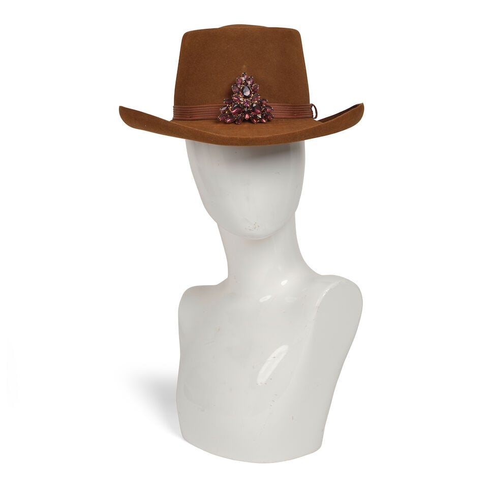 Stevie Ray Vaughan: A Resistol Western Brown Felt Hat with purple brooch, 1980s, (1 of 4)