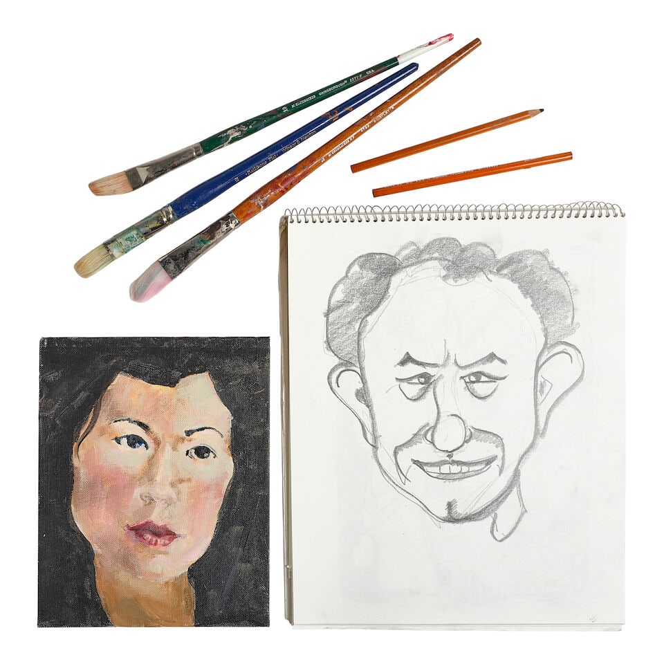 Gene Hackman: A Group of Personal Art Supplies: Gene Hackman: A Group of Personal Art Supplies Comprising a partially used sketchbook, an small painting, three paintbrushes, and a pencil. height of sketchbook 14in (35.5cm) Footnotes: Provenance The