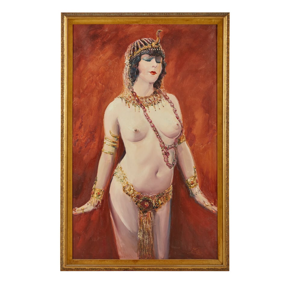 Nicholas A. Volpe (1911-1992): Theda Bara as Cleopatra: Nicholas A. Volpe (1911-1992): Theda Bara as Cleopatra Oil on canvas Signed Volpe (lower right) matted and framed. Overall: 49.5 x 32 x 2 in.; within frame: 27.25 x 45 in. Footnotes: Theda Bara was kn