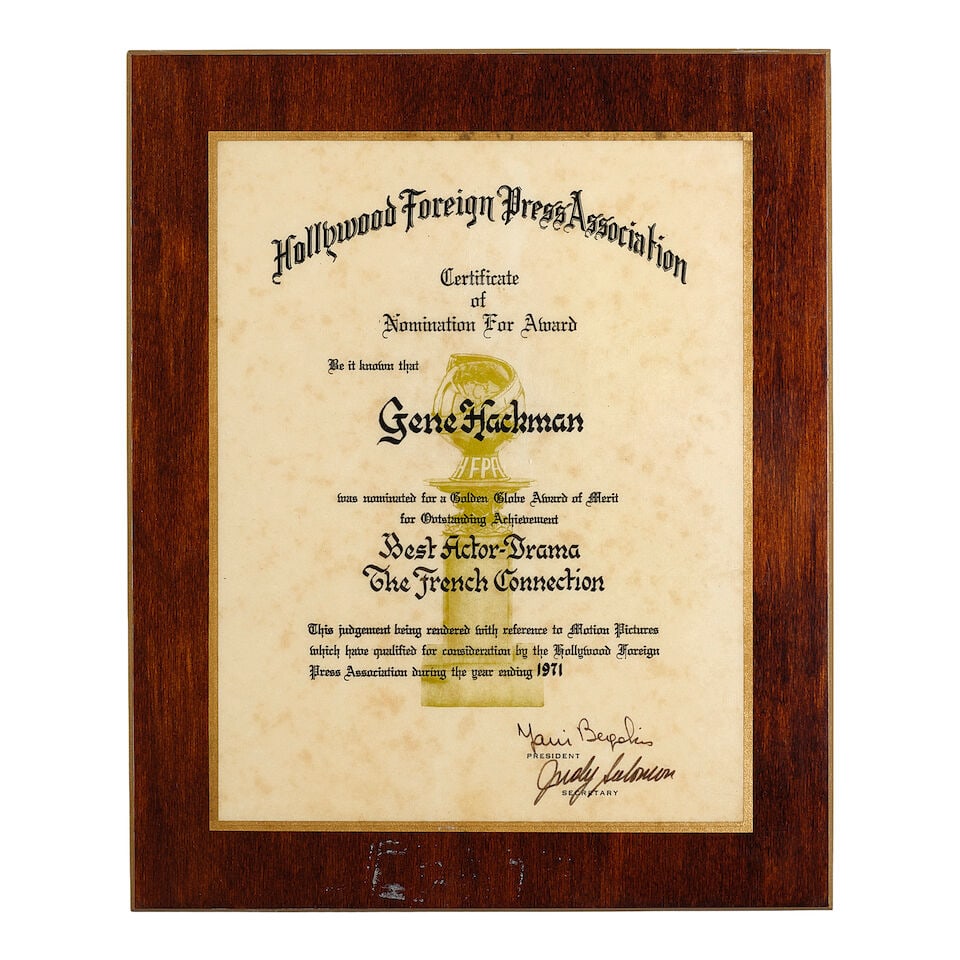 Gene Hackman: A Golden Globe Nomination Certificate for The French Connection 1971,: Gene Hackman: A Golden Globe Nomination Certificate for The French Connection 1971, presented to Gene Hackman for his portrayal of Jimmy Doyle for Best Actor - Drama' for The French Connection, (20th