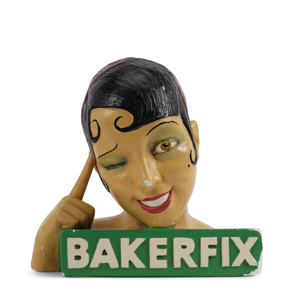 Josephine Baker: 'Bakerfix' Cosmetic Counter Store Display Plaster Bust, Late 1920s,: Josephine Baker: 'Bakerfix' Cosmetic Counter Store Display Plaster Bust, Late 1920s, Heavy plaster display, formed as the stylized smiling head of Josephine, over green bar molded with product name