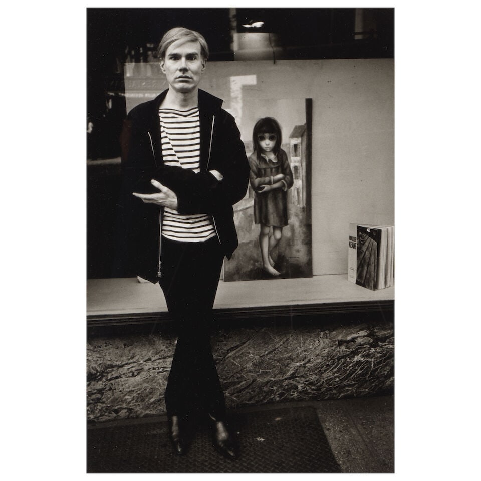 Steve Schapiro (1934-2022); Andy Warhol Mimics Margaret Keane 'Waif', New York City;: Steve Schapiro (1934-2022) Andy Warhol Mimics Margaret Keane 'Waif', New York City, 1965 Gelatin silver print, printed later; signed in pencil and the photographer's copyright stamp on the reverse, fr