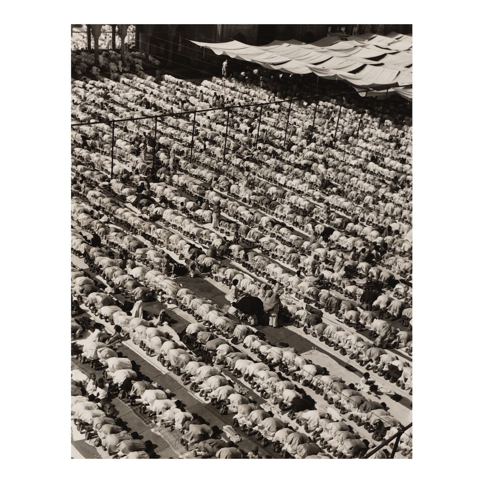 Margaret Bourke-White (1904-1971); Toward Mecca (Muslims Praying at Jami Masjid, Delhi, India);: Margaret Bourke-White (1904-1971) Toward Mecca (Muslims Praying at Jami Masjid, Delhi, India), 1946 Gelatin silver print; the photographer's 'LIFE Photo by Margaret Bourke-White' credit stamp on the r