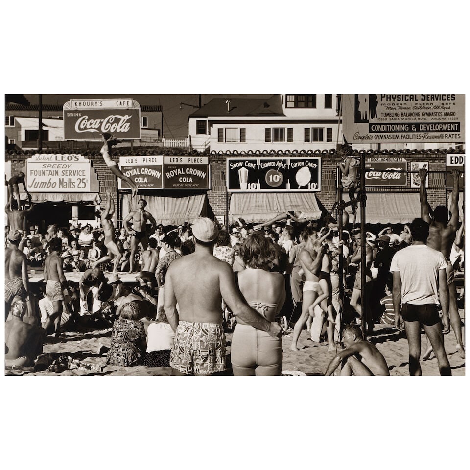 Max Yavno (1911-1985); Muscle Beach, Los Angeles;: Max Yavno (1911-1985) Muscle Beach, Los Angeles, 1949 Gelatin silver print, printed later; mounted, signed in pencil on the mount. 11 7/8 x 19 3/8 in. (30.2 x 49.2 cm.) mount 22 x 28 in. (55.9 x 71.1