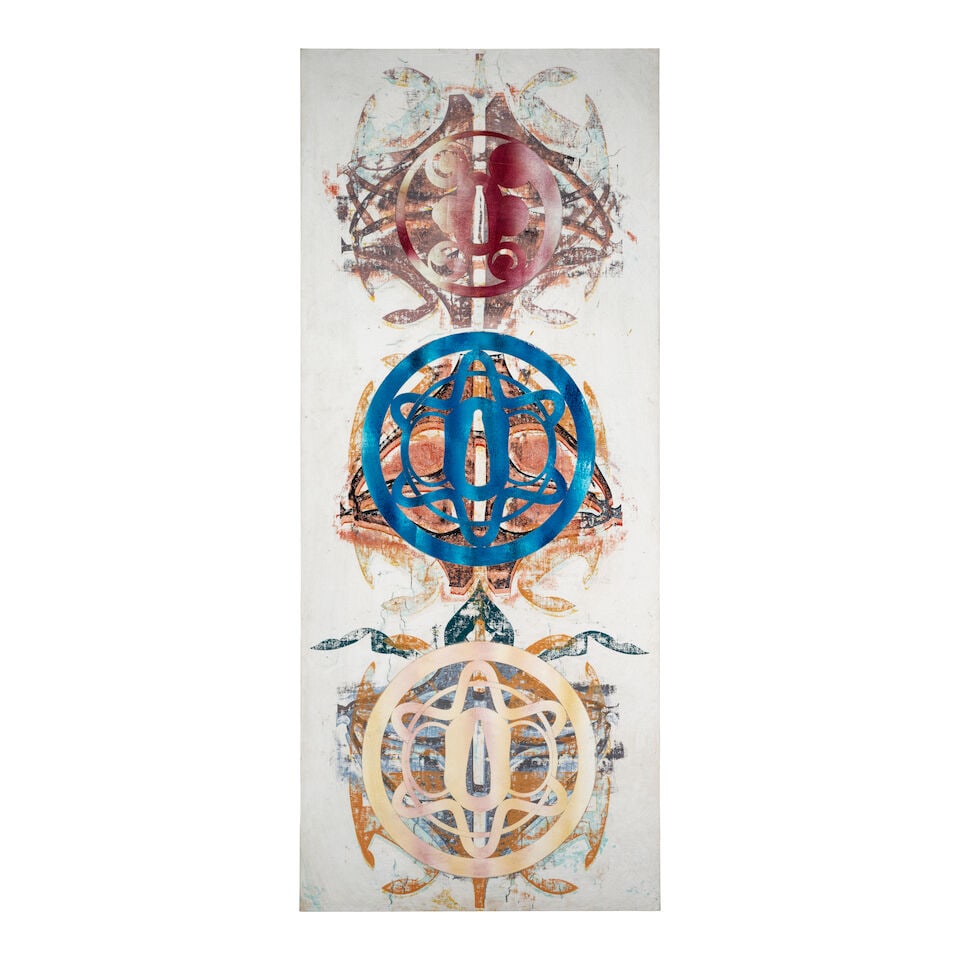 PHILIP TAAFFE (B. 1955) Tsuba Figure, 1995-96: PHILIP TAAFFE (B. 1955) Tsuba Figure, 1995-96 signed, titled and dated 'P Taaffe 1996 TSUBA FIGURE' (on the reverse) mixed media on linen 89 x 37 in. 226.1 x 94 cm. Footnotes: Provenance Gagosian Gall