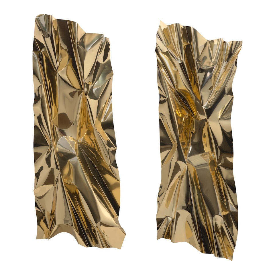 ALDO CHAPARRO (B. 1965) Mx Gold, 2017: ALDO CHAPARRO (B. 1965) Mx Gold, 2017 electrostatic painting on steel, in 2 parts overall: 50 x 40 x 8 in. (127 x 101.6 x 20.3 cm.) left: 50 x 18 x 6 in. (127 x 45.7 x 15.2 cm.) right:50 x 17 x 8 in.