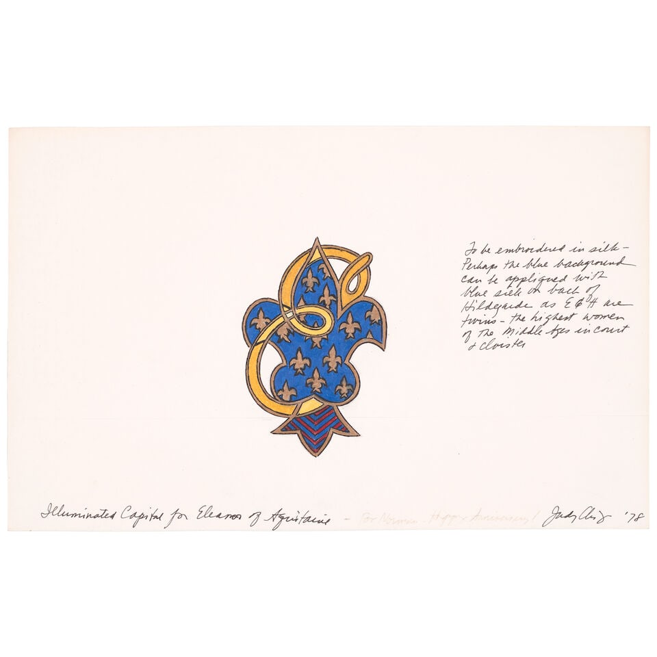 JUDY CHICAGO (B. 1939) Illuminated Capital for Eleanor of Aquitaine, 1978: JUDY CHICAGO (B. 1939) Illuminated Capital for Eleanor of Aquitaine, 1978 signed, titled, dedicated and dated 'Illuminated Capital for Eleanor of Aquitaine - for Norman Happy Anniversary! Judy Chicago