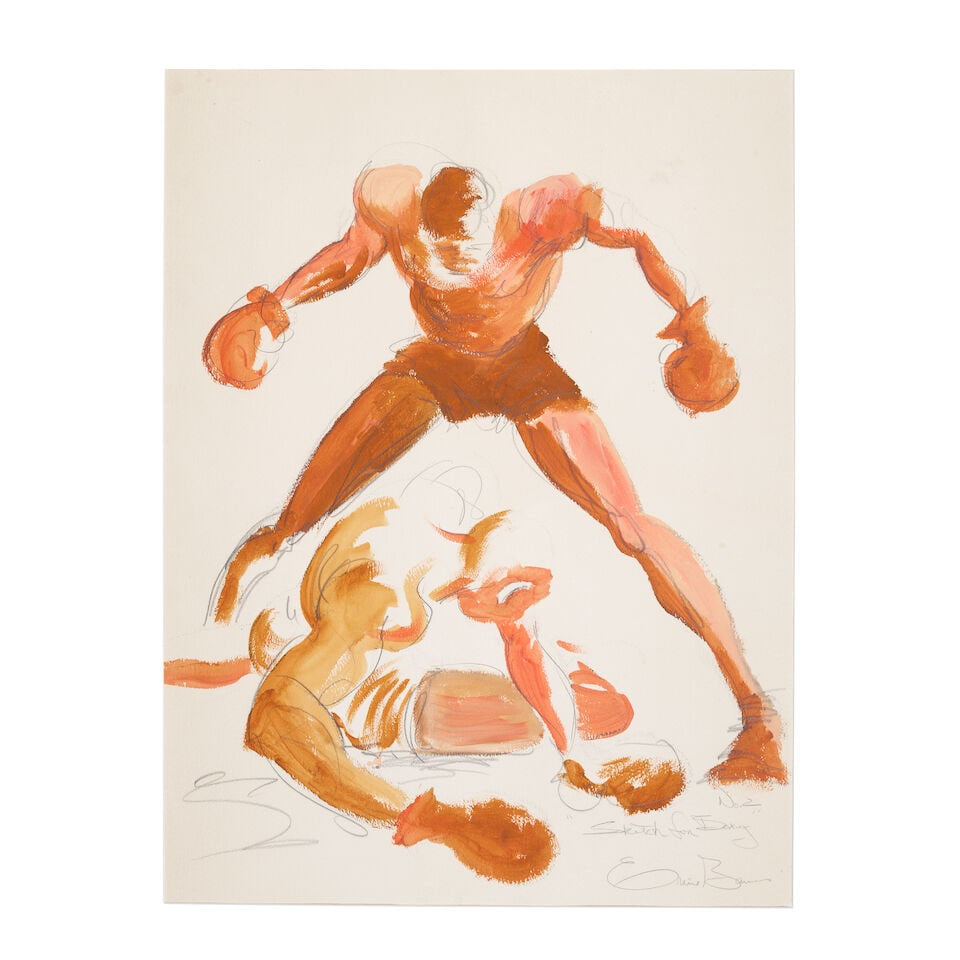 ERNIE BARNES (1938-2009) Sketch for Boxing No. 2, circa 1984 (This work is included in the forth...: ERNIE BARNES (1938-2009) Sketch for Boxing No. 2, circa 1984 signed and titled ''Sketch for Boxing' No. 2 Ernie Barnes' (lower right) acrylic wash and graphite on paper on board 30 x 24 in. 76.2 x 61