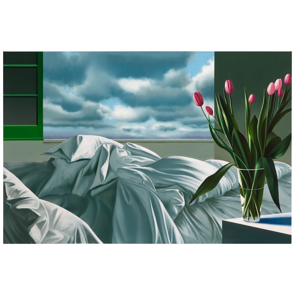 BRUCE COHEN (B.1953) Untitled (Interior with Green Window and Tulips in Glass Vase), circa 2015: BRUCE COHEN (B.1953) Untitled (Interior with Green Window and Tulips in Glass Vase), circa 2015 signed 'Bruce Cohen' (on the reverse) oil on canvas 36 x 54 in. 91.4 x 137.2 cm. For further information