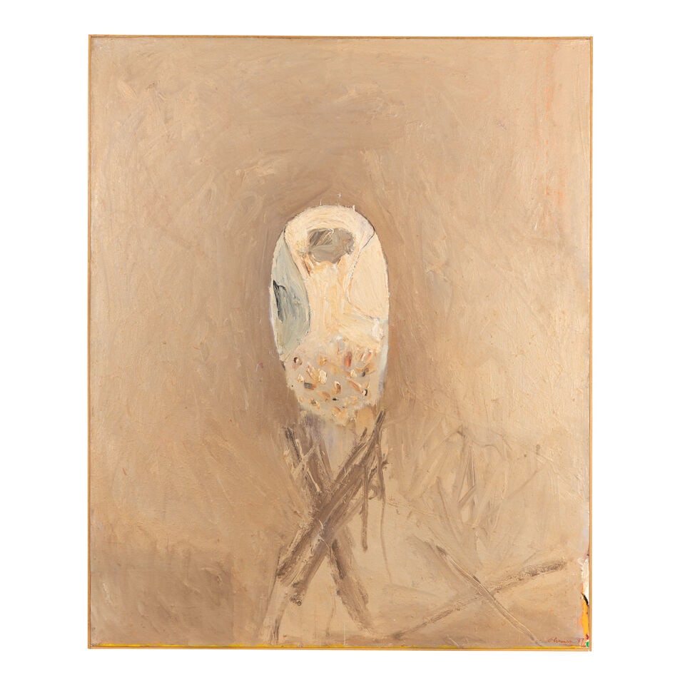 NATHAN OLIVEIRA (1928-2010) Mask, 1987: NATHAN OLIVEIRA (1928-2010) Mask, 1987 signed and dated 'N. Oliveira 87' (lower right); signed again and dated again 'N. Oliveira 87' (on the reverse); titled, inscribed and dated ''MASK' 1987 ACRYLIC