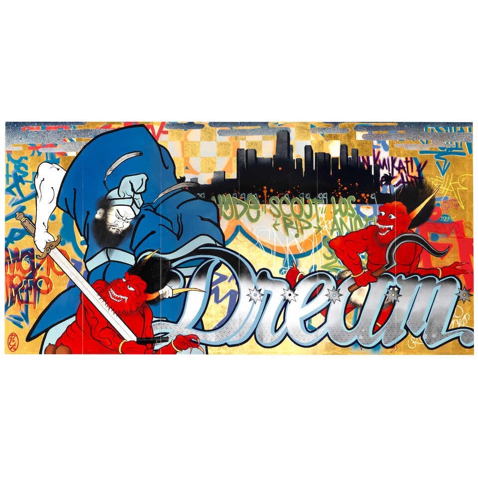 GAJIN FUJITA (B. 1972) Dream, 2002: GAJIN FUJITA (B. 1972) Dream, 2002 each signed, titled, variously inscribed and dated ''GAJiN' 'DREAM' 2002 Ⓒ LA' (on the reverse) acrylic, spray paint and gold leaf on panel, in six parts each