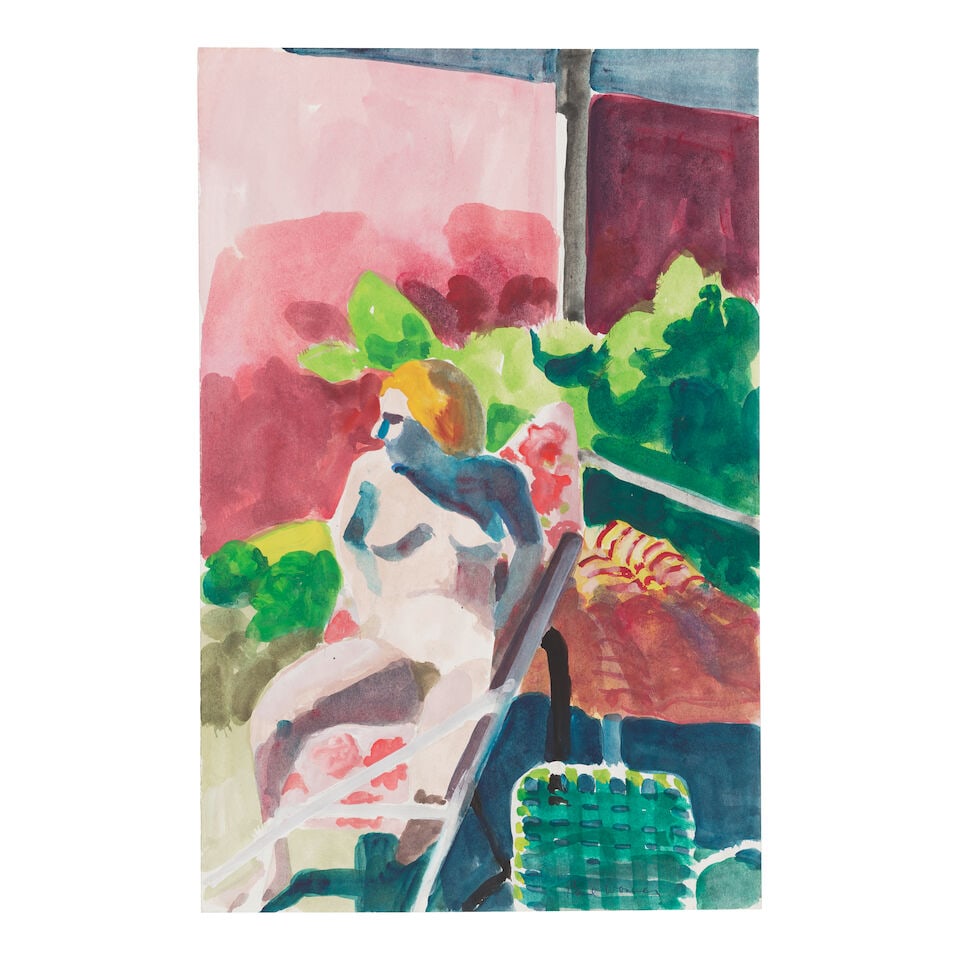 PAUL WONNER (1920-2008) Woman in Sun, 1962-63: PAUL WONNER (1920-2008) Woman in Sun, 1962-63 signed 'Paul Wonner' (lower right); signed again, titled and dated 'Paul Wonner 'Woman in the Sun' 1962-63' (on the reverse) watercolor on paper 19 x