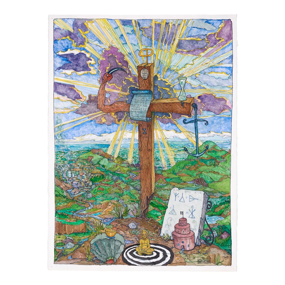 WILLIAM T. WILEY (1937-2021) ED. E's Scorpion Cross No. 2, 2000: WILLIAM T. WILEY (1937-2021) ED. E's Scorpion Cross No. 2, 2000 titled 'ED E's Scorpion Cross Revisited' (upper center); titled again, inscribed and dated 'w/c + ink ED. E's Scorpion Cross No. 2