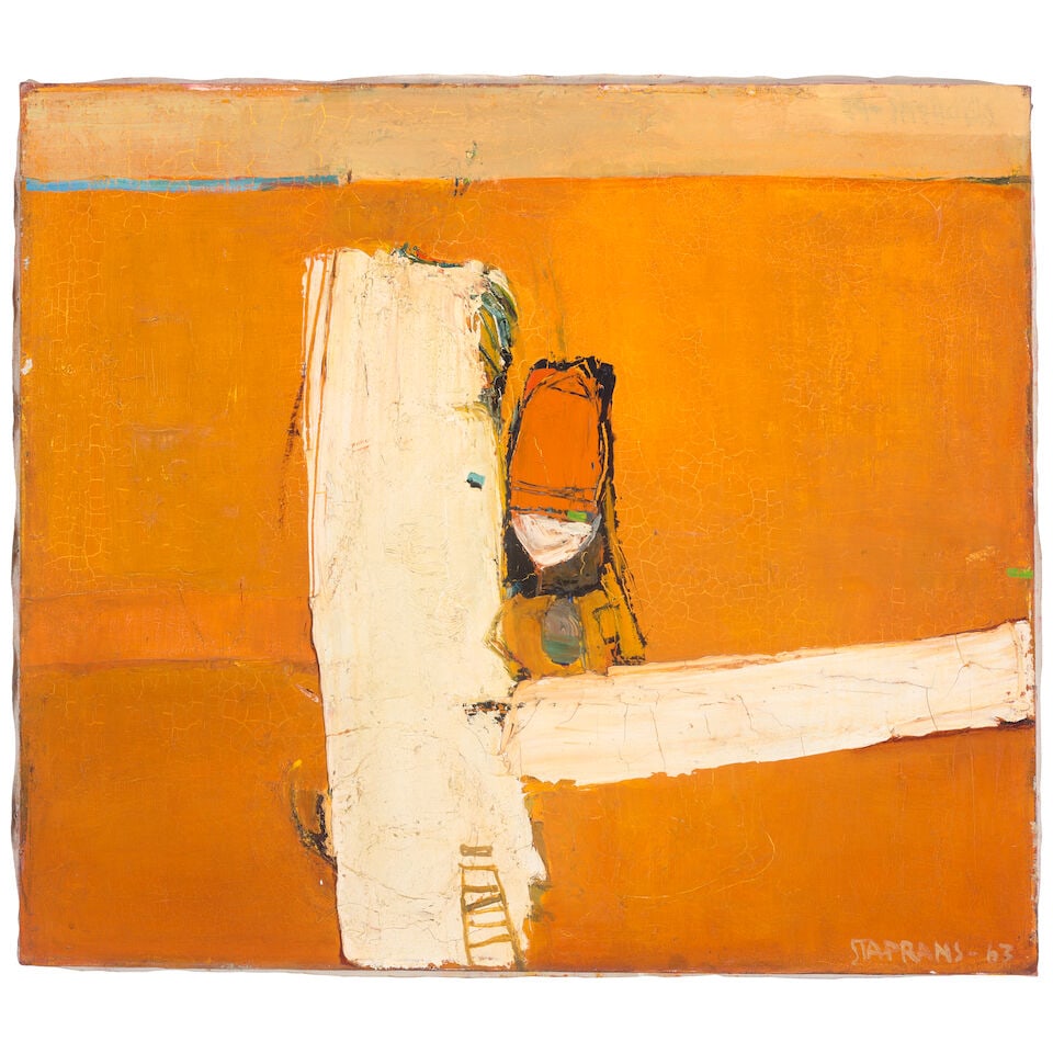 RAIMONDS STAPRANS (1926-2026) Untitled, 1959-63: RAIMONDS STAPRANS (1926-2026) Untitled, 1959-63 signed and dated 'STAPRANS - 63' (lower right) and signed and dated again '59 - STAPRANS' (upper right) oil on canvas 22 x 25 in. 55.9 x 63.5