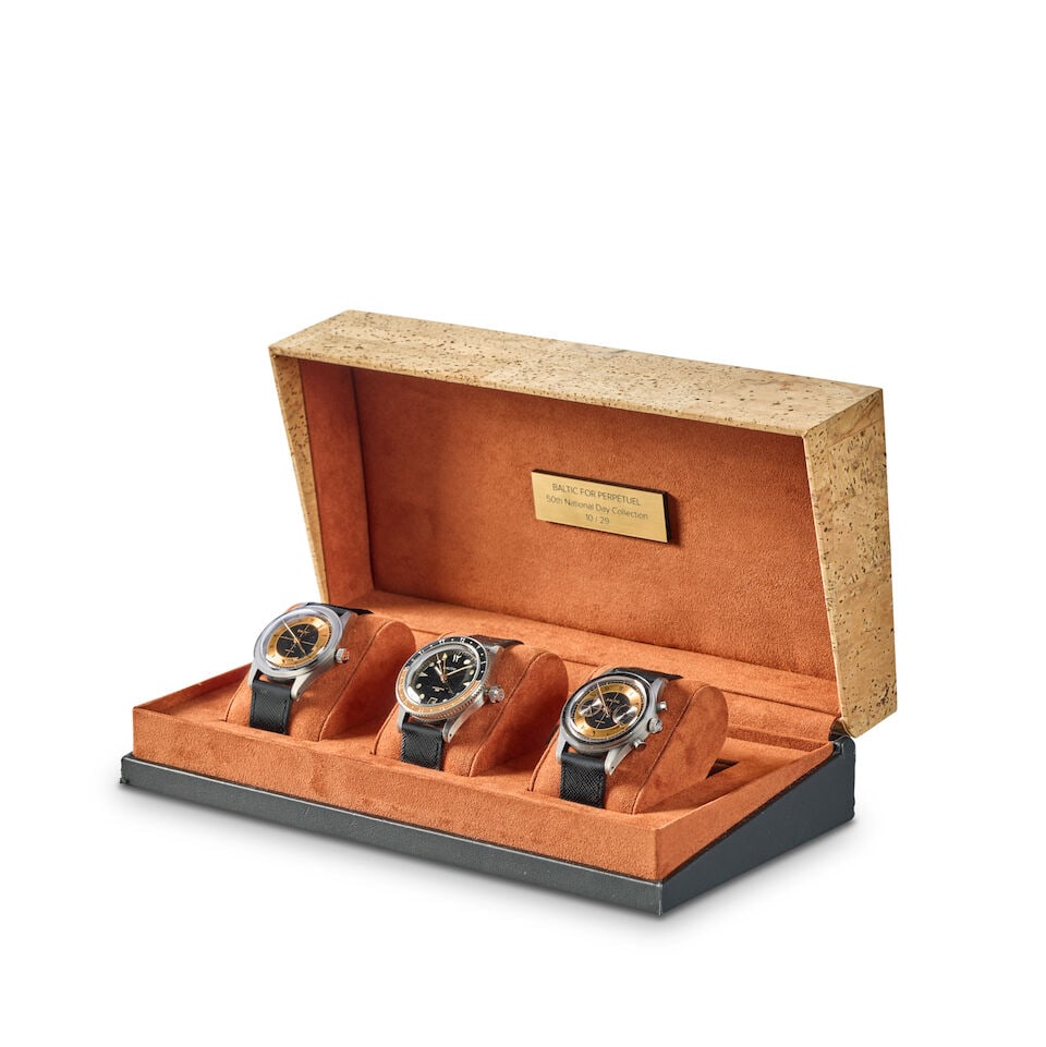 Baltic for Perpétuel. A Limited Edition set of 3 titanium wristwatches produced to commemor...: Baltic for Perpétuel. A Limited Edition set of 3 titanium wristwatches produced to commemorate the 50th Anniversary of the UAE (3) Comprising of: Perpétuel Bicompax Titanium. A titanium