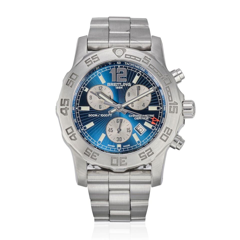 Breitling. A stainless steel quartz calendar chronograph bracelet watch Colt Chronograph II, Re...: Breitling. A stainless steel quartz calendar chronograph bracelet watch Model: Colt Chronograph II Reference: A73387 Date: Circa 2013 Movement: Jewelled quartz Dial: Sunburst blue Case: Brushed and po
