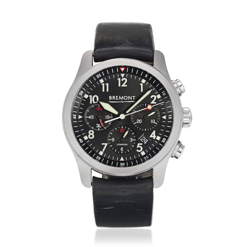 Bremont. A stainless steel automatic calendar chronograph wristwatch ALT1 - P2/BK, Purchased 4t...: Bremont. A stainless steel automatic calendar chronograph wristwatch Model: ALT1 - P2/BK Date: Purchased 4th May 2020 Movement: 27-jewel Cal.13 ¼''' BE-53AE automatic, No.10557 Dial: Black Case: