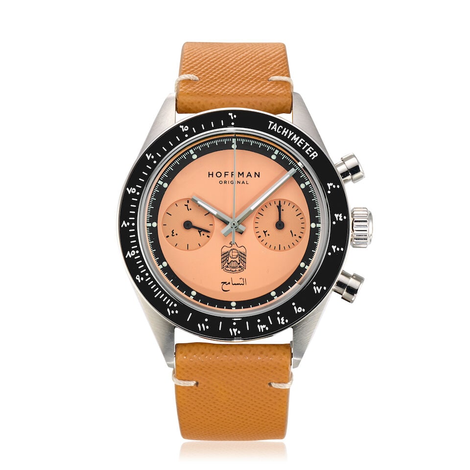 Hoffman for Perpétuel. A Limited Edition stainless steel manual wind chronograph wristwatch...: Hoffman for Perpétuel. A Limited Edition stainless steel manual wind chronograph wristwatch Model: Mechanical Racing 40 - Khaleejuna Wahed Collection, UAE Edition, One of 50 Date: Circa