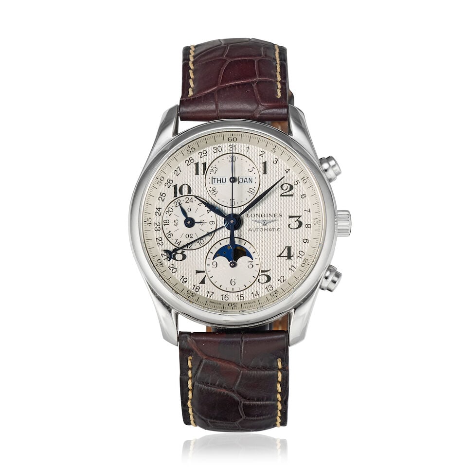 Longines. A stainless steel automatic triple calendar chronograph wristwatch with moon phase Ref... (1 of 3)