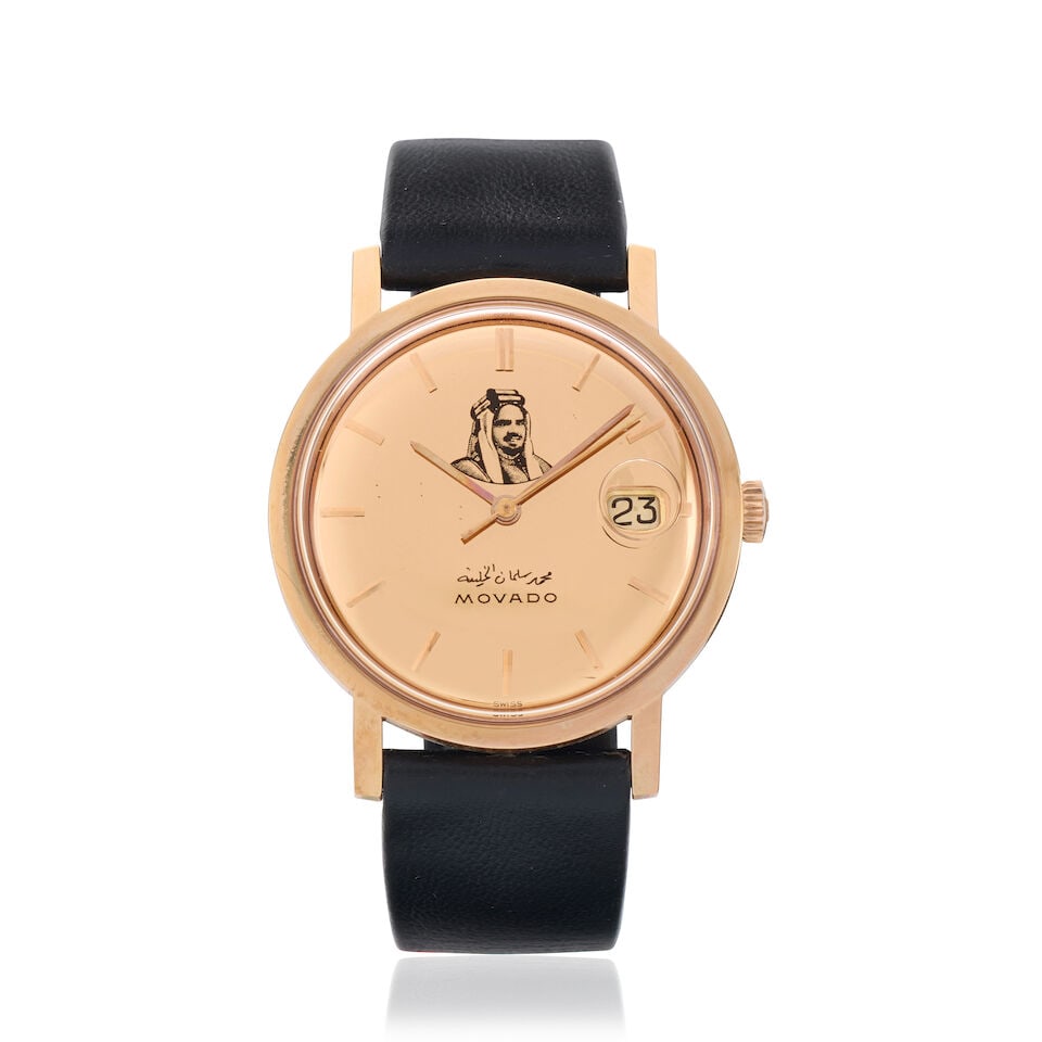 Movado. A rose gold plated manual wind calendar wristwatch with portrait of Sheikh Isa bin Salma...: Movado. A rose gold plated manual wind calendar wristwatch with portrait of Sheikh Isa bin Salman Al Khalifa, the first Emir of Bahrain Model: Kingmatic calendar Date: Circa 1970 Movement:
