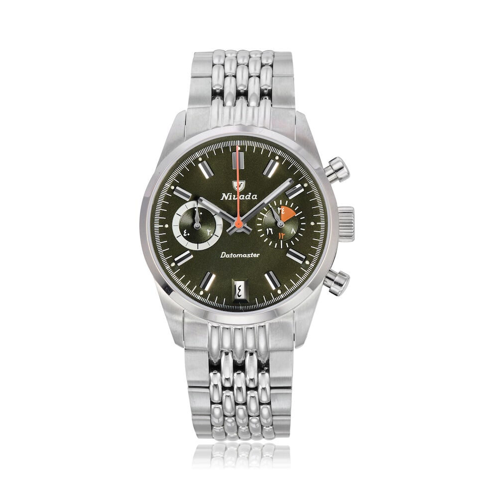 Nivada Grenchen for Perpétuel. A Limited Edition stainless steel meca-quartz calendar brace...: Nivada Grenchen for Perpétuel. A Limited Edition stainless steel meca-quartz calendar bracelet watch Model: Datomaster, No.7 of 300 Date: Circa 2022 Movement: Jewelled Cal.VK 64