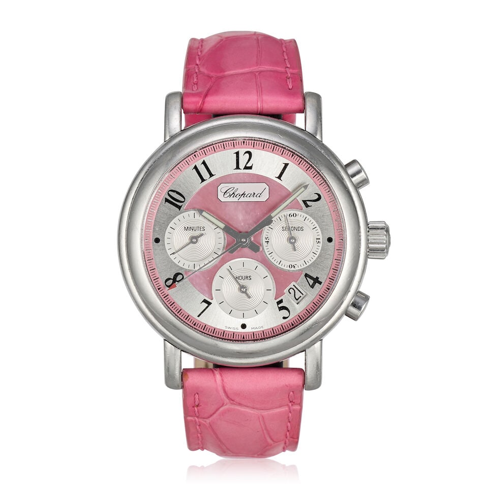 Chopard. A Limited Edition lady's stainless steel automatic calendar chronograph wristwatch with...: Chopard. A Limited Edition lady's stainless steel automatic calendar chronograph wristwatch with Mother of Pearl dial Model: Mille Miglia, Elton John AIDS Foundation, No.8 of 2000 Reference: 8331 Date