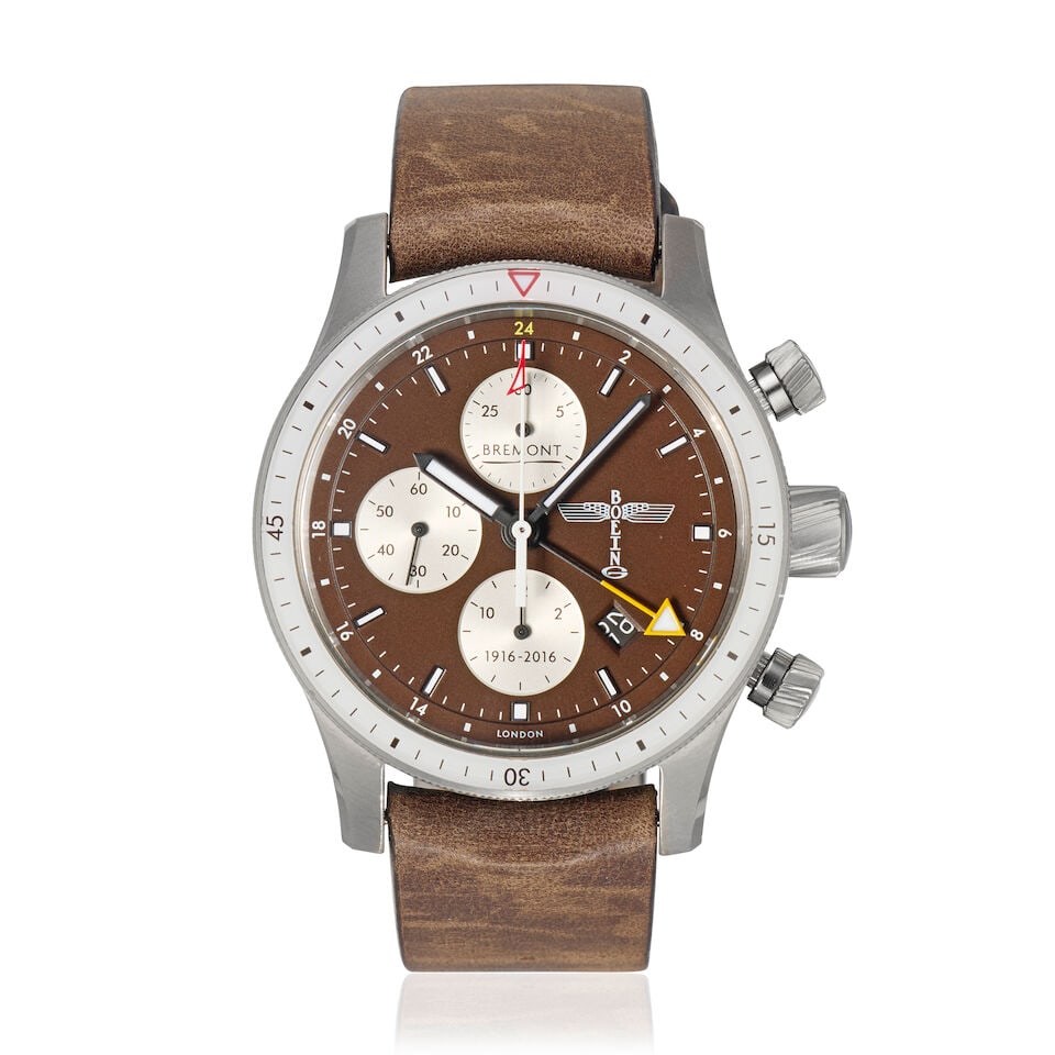 Bremont. A Limited Edition titanium automatic calendar chronograph wristwatch with dual time zon...: Bremont. A Limited Edition titanium automatic calendar chronograph wristwatch with dual time zone Model: BB100, Boeing 100 Limited Edition, No.123 of 300 Date: Purchased 5th August 2020 Movement: 25-j