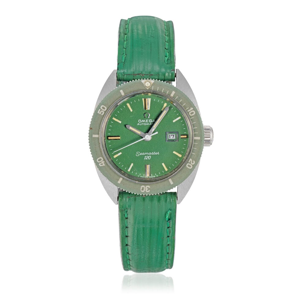 Omega. A stainless steel automatic calendar wristwatch Seamaster 120 , Ref: 566.007, Circa 1970: Omega. A stainless steel automatic calendar wristwatch Model: Seamaster 120 Reference: 566.007 Date: Circa 1970 Movement: 24-jewel Cal.681 automatic, No.30242805 Dial: Green Case: Brushed and