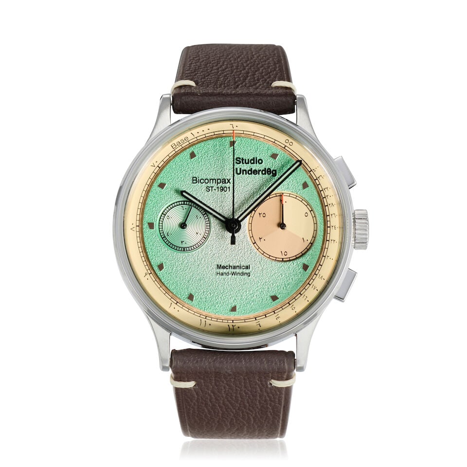 Studio Underd0g for Perpétuel. A Limited Edition stainless steel manual wind chronograph wr...: Studio Underd0g for Perpétuel. A Limited Edition stainless steel manual wind chronograph wristwatch Model: Mint Ch0c Chip, No. 7 of 50 Date: Circa 2021 Movement: Jewelled Seagull Cal. ST-1901 man