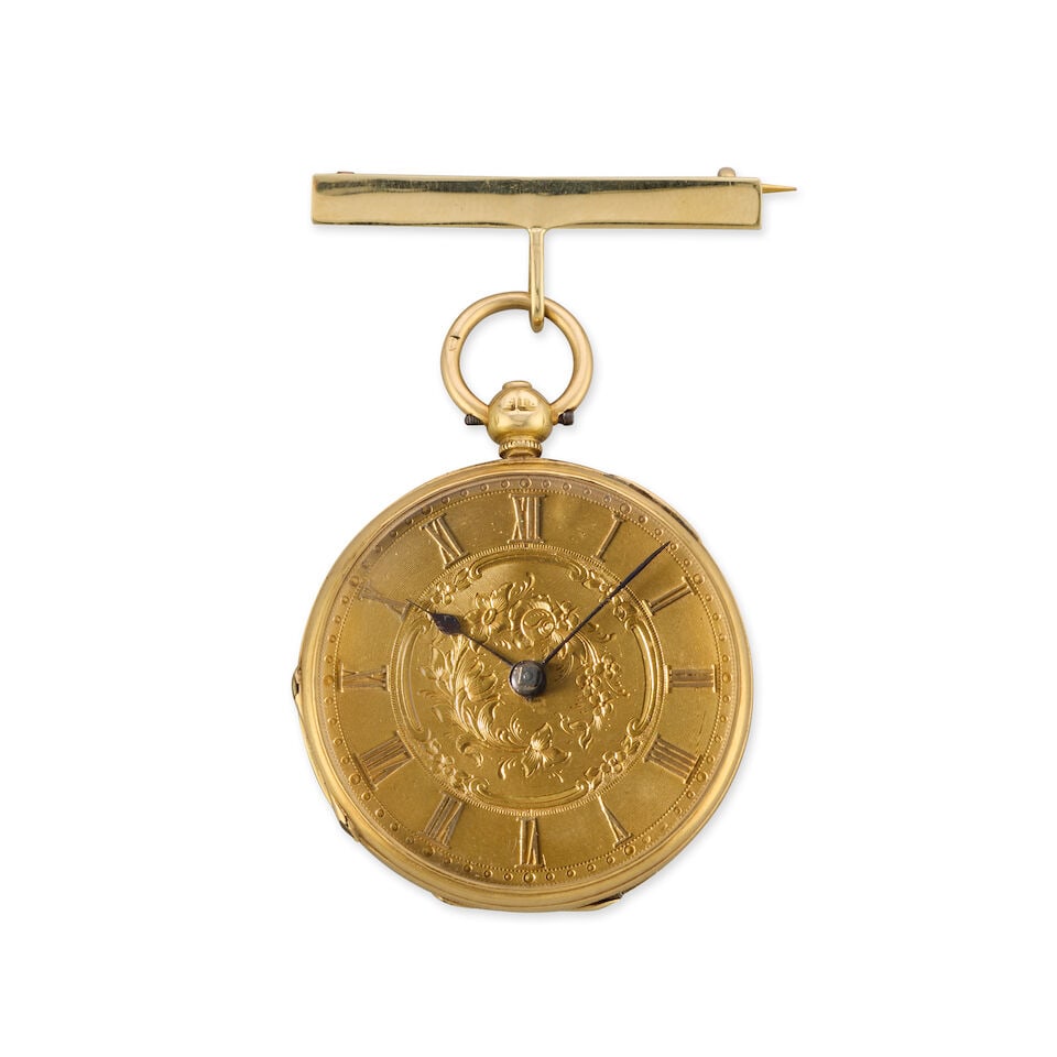 An 18K gold key wind open face pocket watch with 18K gold brooch Circa 1900 (1 of 3)