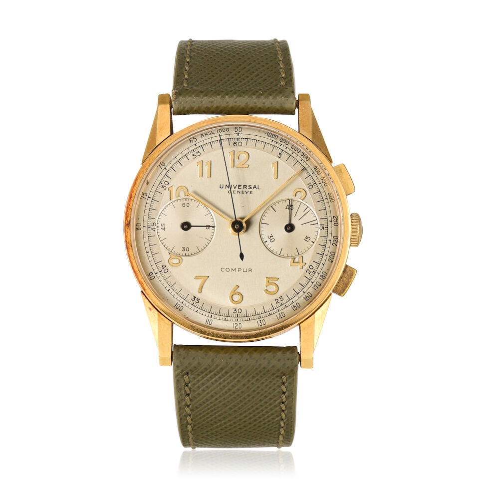 Universal Genève. An 18K gold manual wind chronograph wristwatch Compur, Ref: 12519, Circa... (1 of 3)