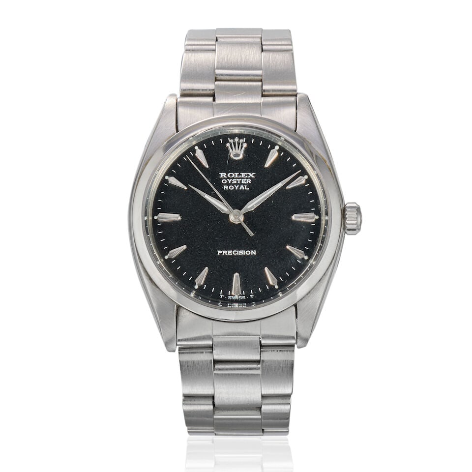 Rolex. A stainless steel manual wind bracelet watch Oyster Royal Precision, Ref: 6426/6427, Circ...: Rolex. A stainless steel manual wind bracelet watch Model: Oyster Royal Precision Reference: 6426/6427 Date: Circa 1961 Movement: 17-jewel Cal.1210 manual wind, No.60455 Dial: Black Case: Brushed and