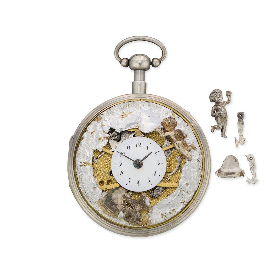 A silver gilt key wind open face quarter repeating pocket watch with later automaton and surroun... (1 of 2)