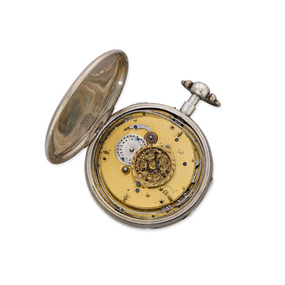 A silver gilt key wind open face quarter repeating pocket watch with later automaton and surroun... - 2