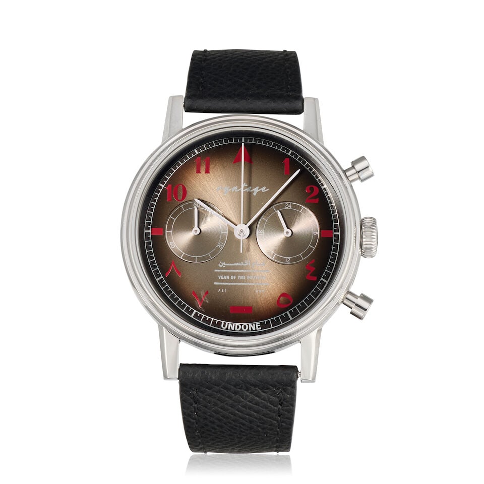 UNDONE for Vyntage. A Limited Edition stainless steel meca-quartz chronograph wristwatch 50th a...: UNDONE for Vyntage. A Limited Edition stainless steel meca-quartz chronograph wristwatch Model: 50th anniversary of the UAE, No.90 of 100 Reference: 316L Date: Circa 2021 Movement: 0-jewel TMI Cal.VK6