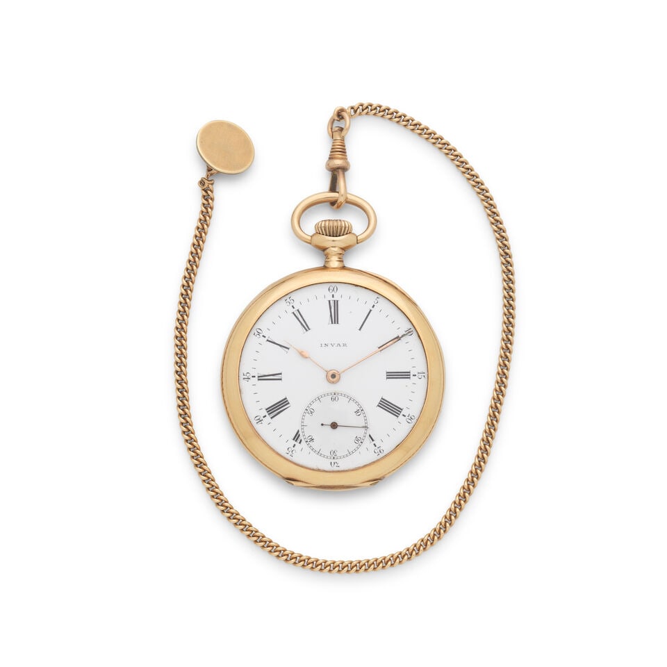 Invar. A 14K gold keyless wind open face pocket watch: Invar. A 14K gold keyless wind open face pocket watch Movement: English lever, No.181805 Dial: White Case: Engine turned round, No.181805 Signed: Case, dial & movement Size: 47mm Accompaniments: