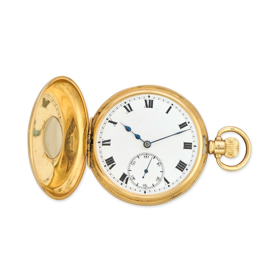 An 18K gold key wind half hunter pocket watch Birmingham Hallmark for 1922: An 18K gold key wind half hunter pocket watch Date: Birmingham Hallmark for 1922 Movement: Swiss lever Dial: White Case: Polished hinged, No.252498 Signed: Case stamped ALD Size: 49mm For further info