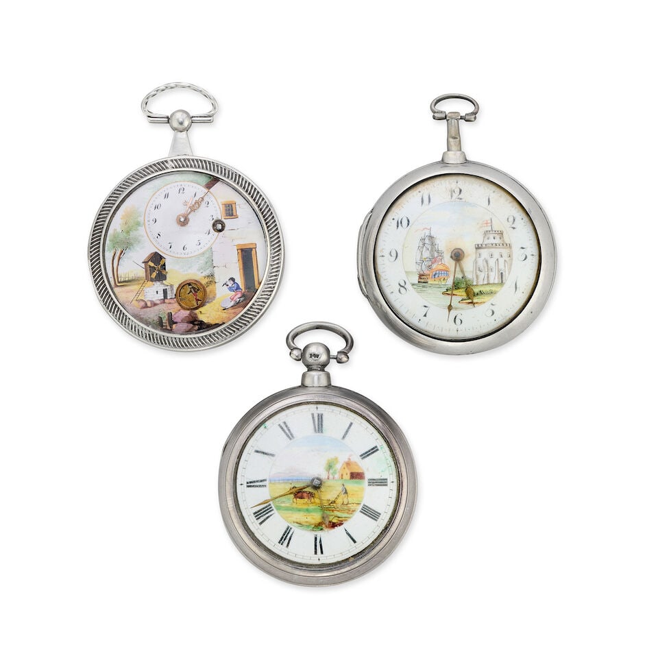 A lot of three silver key wind pocket watches with painted dials (3) Various dates (1 of 3)