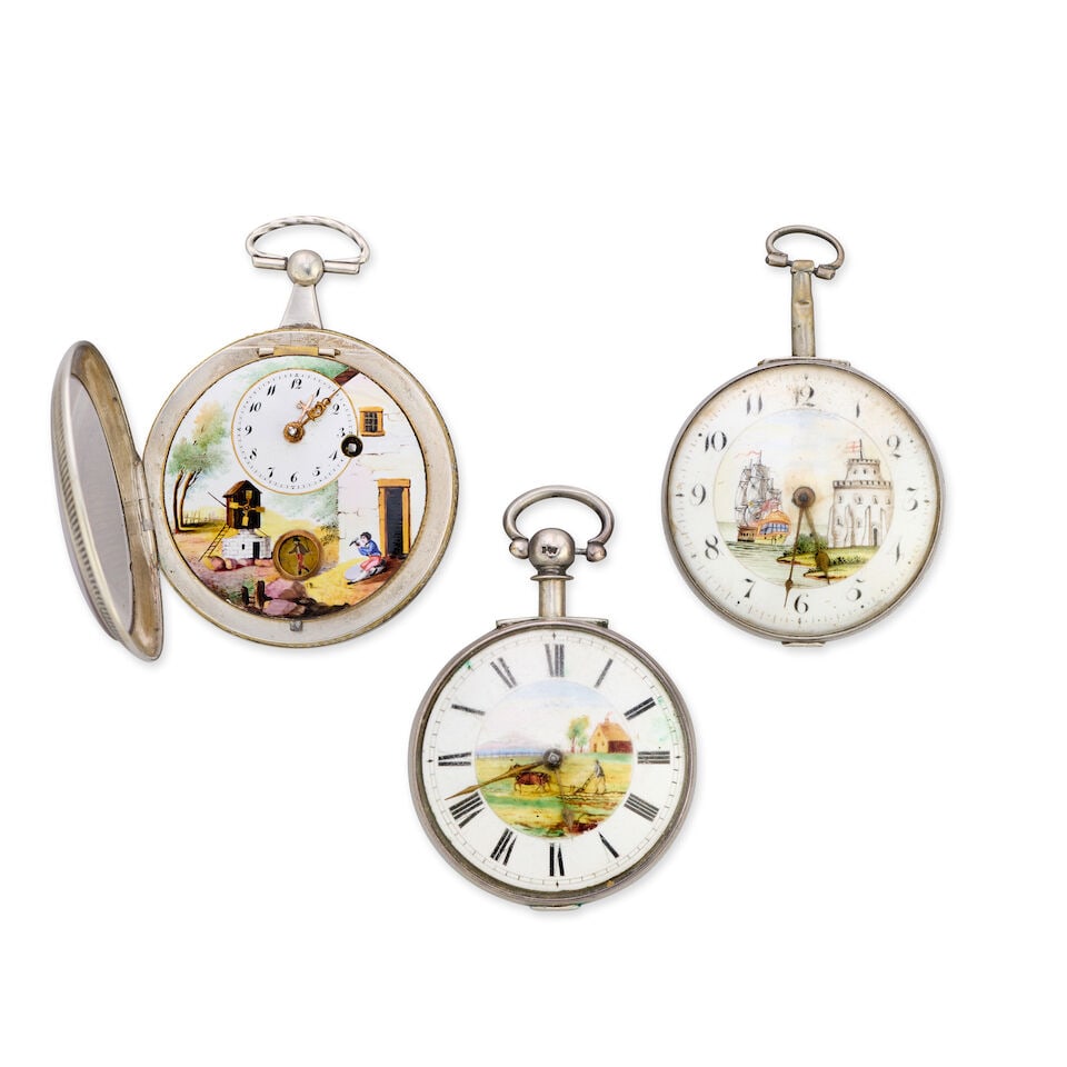 A lot of three silver key wind pocket watches with painted dials (3) Various dates - 3